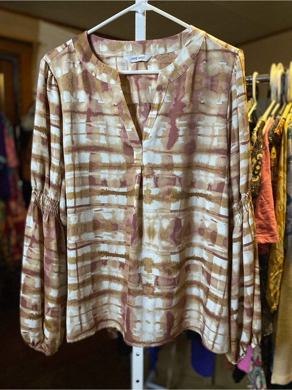 Nine West Beige and Mauve Patterned Long-Sleeve Blouse